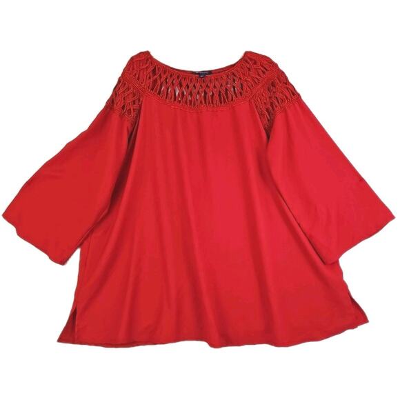 ROMANS ~Woman Plus Size 22W~ Red Tunic Top Crochet Collar 3/4 Sleeve. - Picture 1 of 15